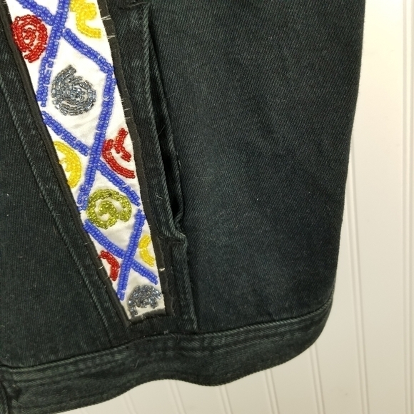 Cedars Womens Heavily Beaded Black Denim Button Vest Large Artsy Boho Vintage - Picture 7 of 12